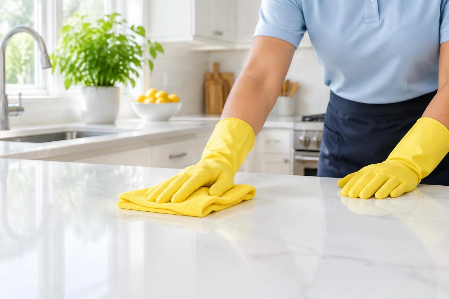 Illustrative photo of a cleaner wiping a kitchen counter